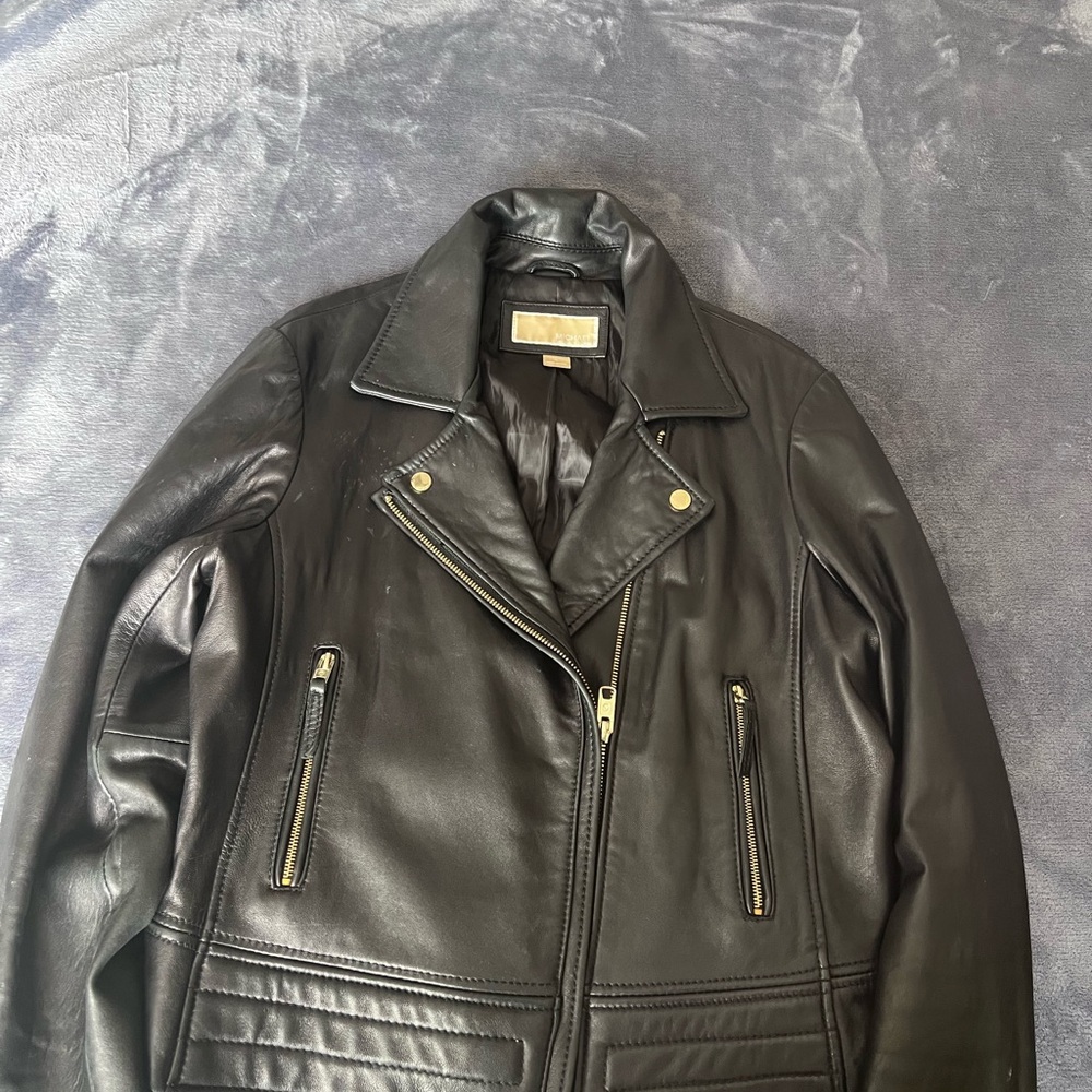 Michael Kors Black Leather Motorcycle Jacket with Asymmetrical Zipper
